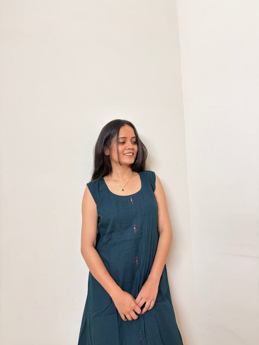 Urban Essential Two-Piece Set | Breathable Cotton Pin-Tuck Ethnic Motif | Petrol Blue