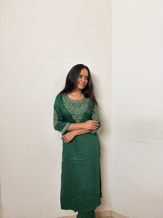 Urban Essential Straight Kurti | Embroidered Neckline & Sleeves | Forest Green