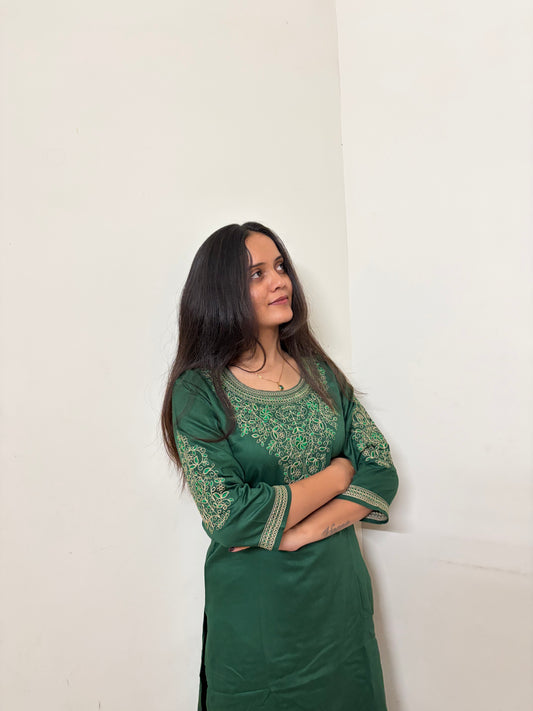 Urban Essential Straight Kurti | Embroidered Neckline & Sleeves | Forest Green