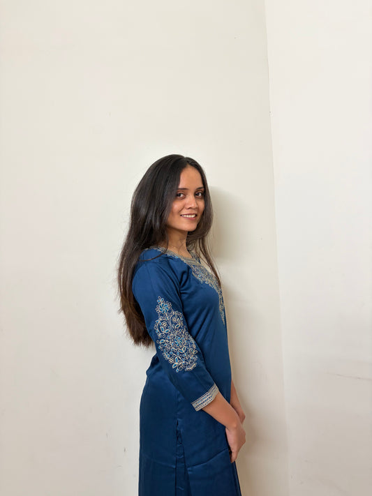 Urban Essential Two-Piece Set | Premium Cotton Ethnic Embroidered | Ink Blue