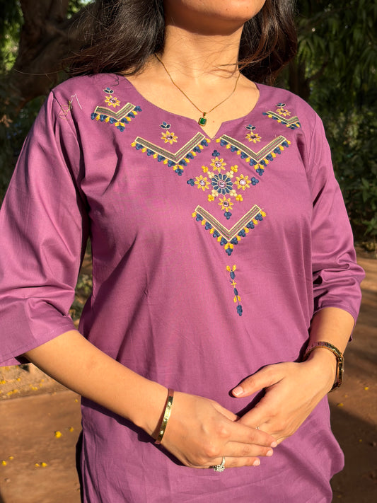 Urban Essential Two-Piece Set | Breathable Cotton Co-ord Ethnic Embroidred | Muave