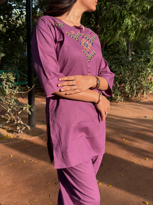 Urban Essential Two-Piece Set | Breathable Cotton Co-ord Ethnic Embroidred | Muave