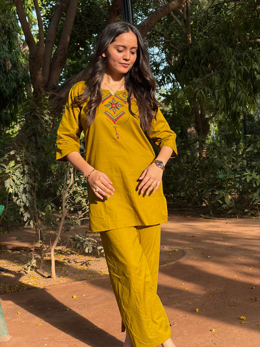 Urban Essential Two-Piece Set | Breathable Cotton Co-ord Ethnic Embroidred | Mustard