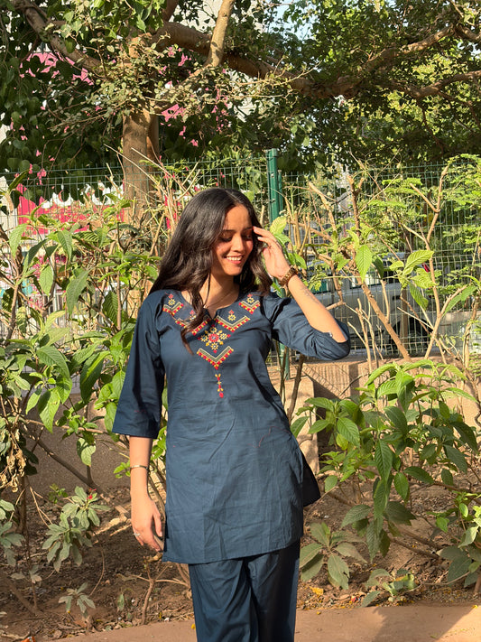 Urban Essential Two-Piece Set | Breathable Cotton Co-ord Ethnic Embroidred | Blue