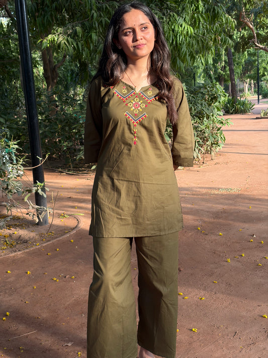 Urban Essential Two-Piece Set | Breathable Cotton Co-ord Ethnic Embroidred | Olive