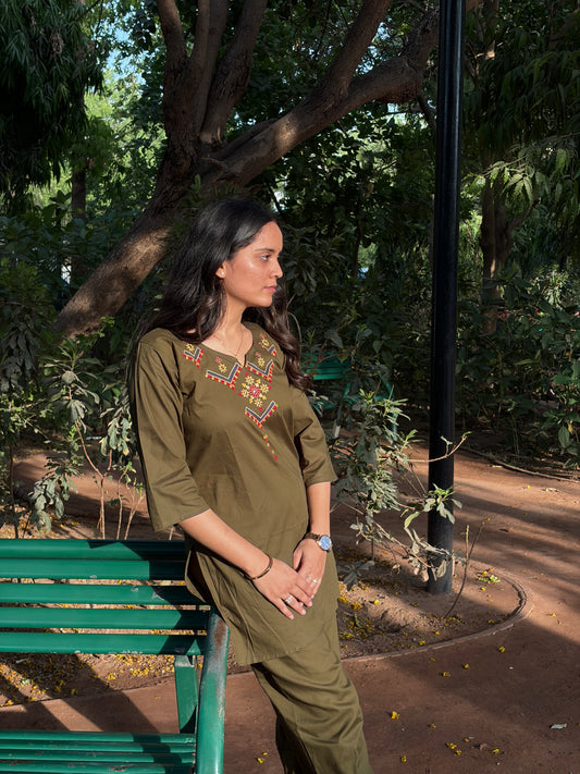 Urban Essential Two-Piece Set | Breathable Cotton Co-ord Ethnic Embroidred | Olive