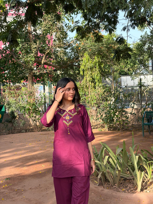 Urban Essential Two-Piece Set | Breathable Cotton Co-ord Ethnic Embroidred | Plum