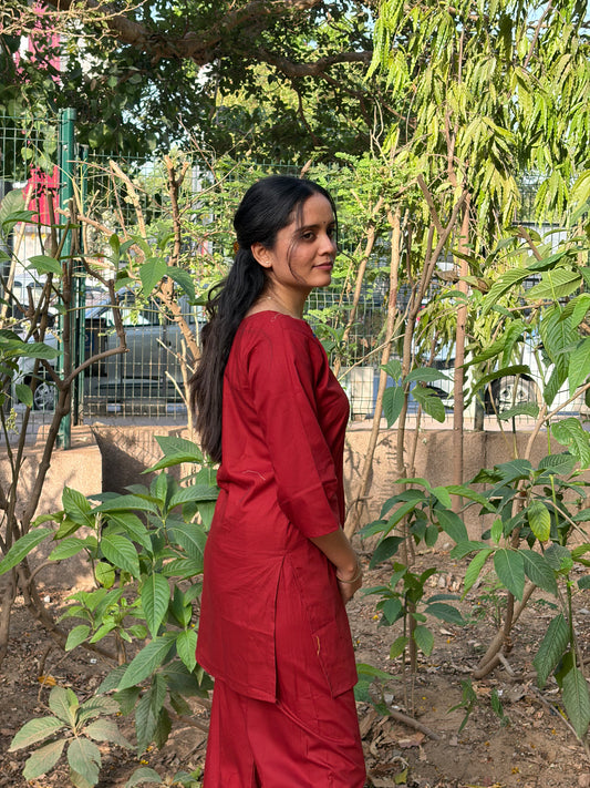 Urban Essential Two-Piece Set | Breathable Cotton Co-ord Ethnic Embroidred | Red