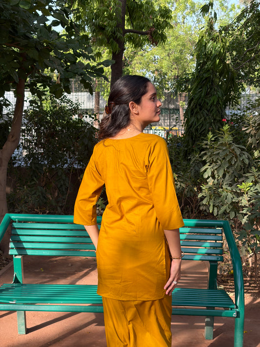 Urban Essential Two-Piece Set | Breathable Cotton Co-ord Ethnic Embroidred | Yellow