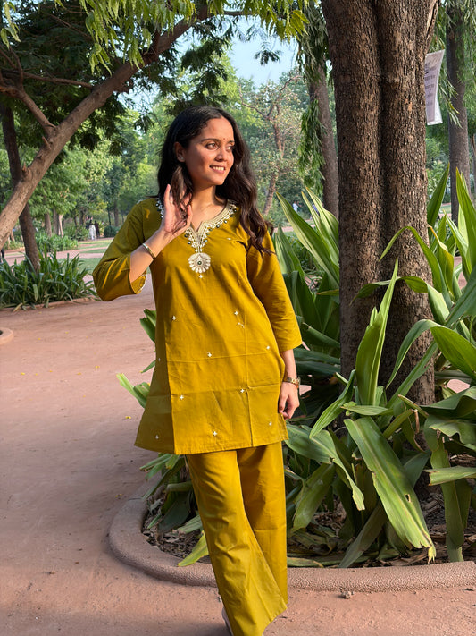Urban Essential Two-Piece Set | Breathable Cotton Co-ord Embroidred | Yellow
