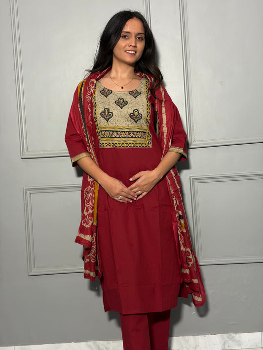 Urban Collective Three-Piece Set | Premium Breathable Ethnic Style Cotton Co-ord | Maroon