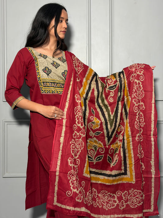 Urban Collective Three-Piece Set | Premium Breathable Ethnic Style Cotton Co-ord | Maroon