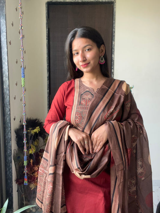 Urban Collective Three-Piece Set | Premium Breathable Ethnic Style Cotton Co-ord | Maroon