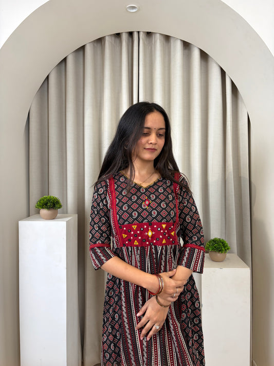 Urban Heritage A-Line Cotton Kurti | Ethnic Printed Embroidered Yoke | Maroon Black