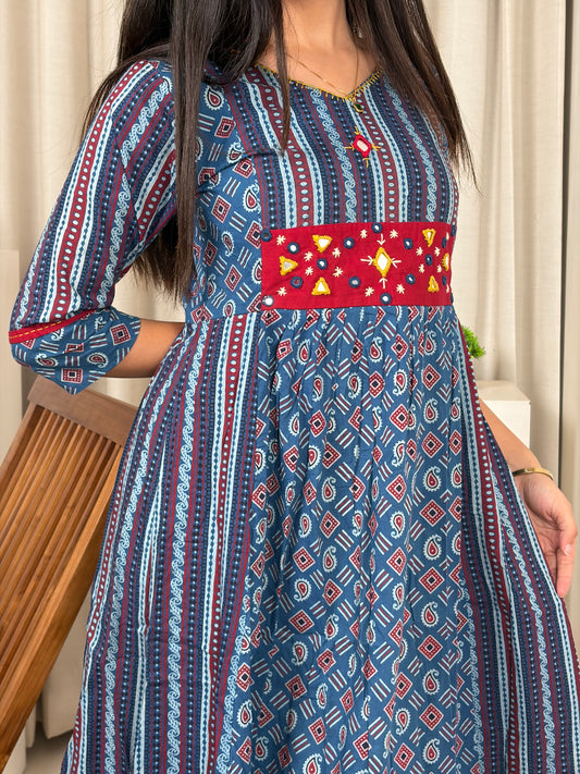 Urban Heritage A-Line Cotton Kurti | Ethnic Printed Embroidered Yoke | Blue