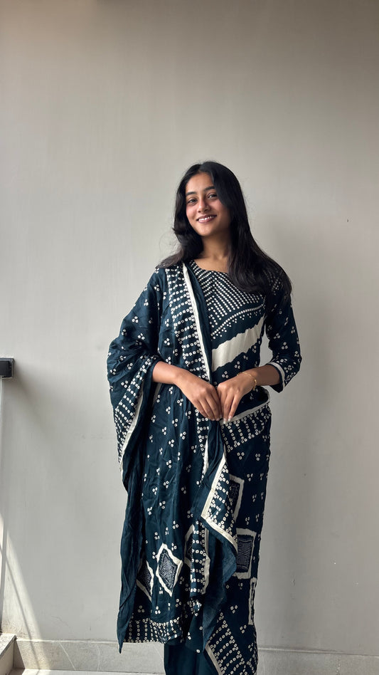 Gazi Silk Three-Piece Set | Premium Breathable Bandhani Ethnic Style Co-ord | NAVY BLUE