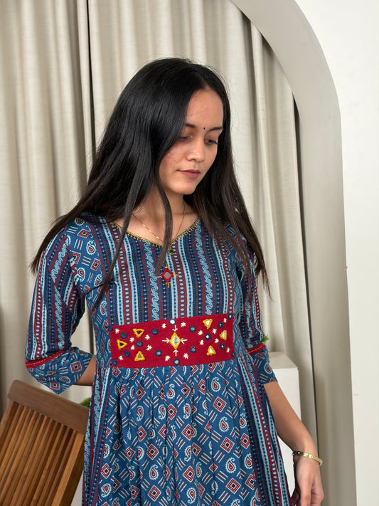 Urban Heritage A-Line Cotton Kurti | Ethnic Printed Embroidered Yoke | Blue