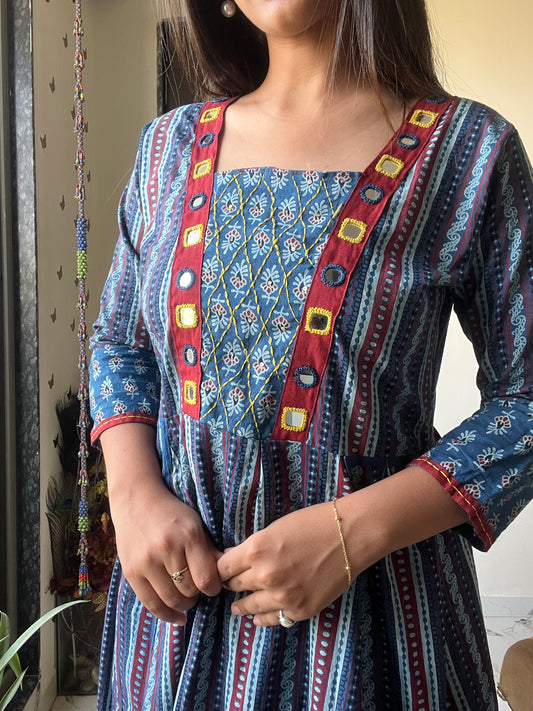 Reflective Heritage Kurti | Short Tops Breathable Cotton | Blue
