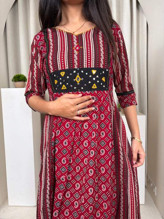 Urban Heritage A-Line Cotton Kurti | Ethnic Printed Embroidered Yoke | Maroon