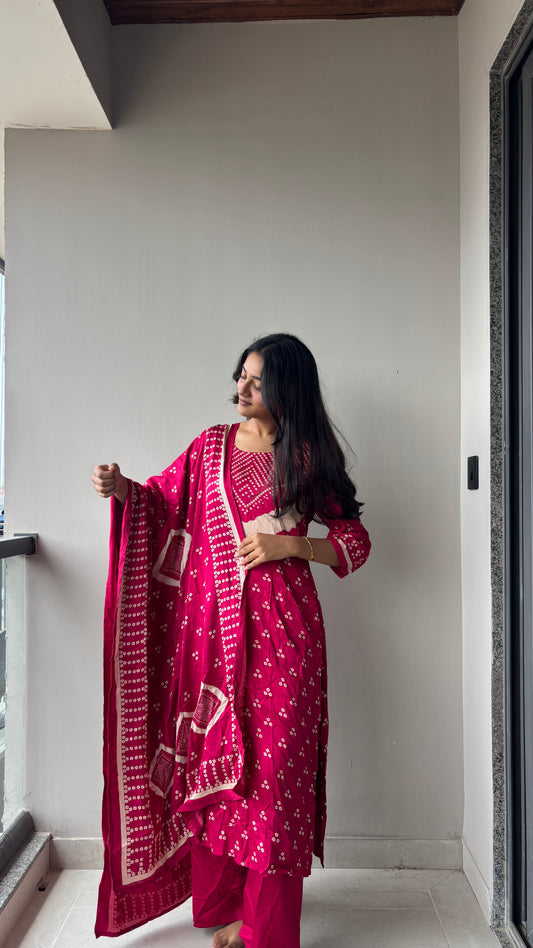 Gazi Silk Three-Piece Set | Premium Breathable Bandhani Ethnic Style Co-ord | PINK
