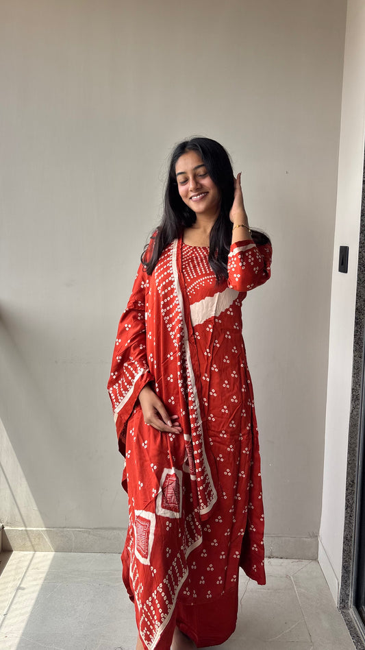 Gazi Silk Three-Piece Set | Premium Breathable Bandhani Ethnic Style Co-ord | RUST