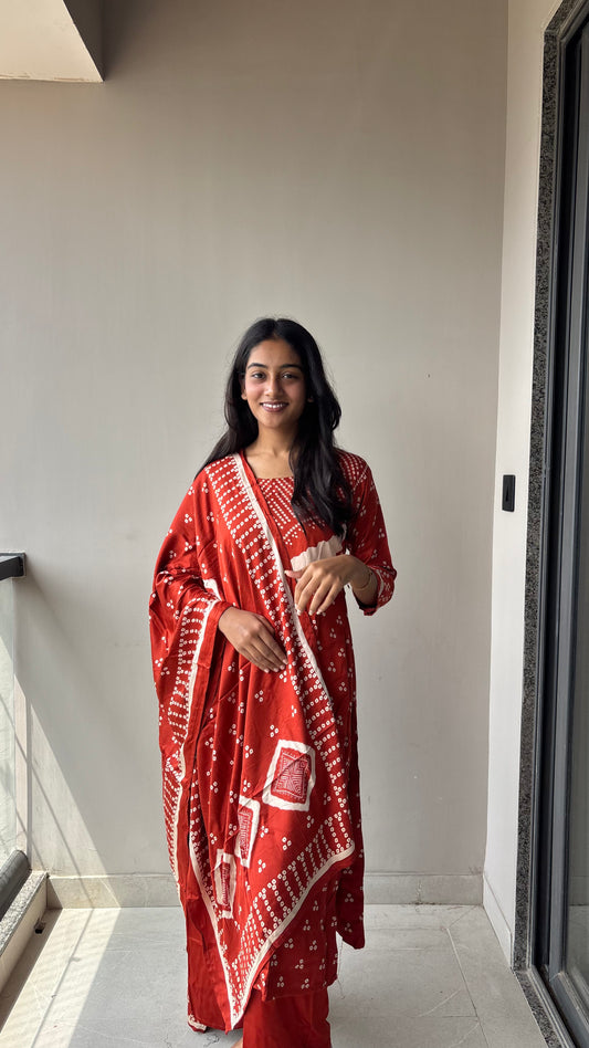 Gazi Silk Three-Piece Set | Premium Breathable Bandhani Ethnic Style Co-ord | RUST