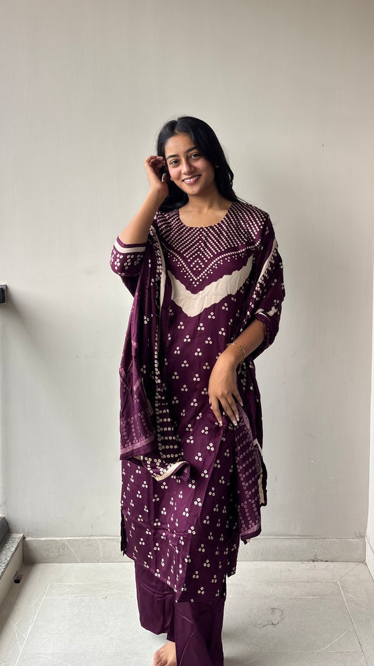 Gazi Silk Three-Piece Set | Premium Breathable Bandhani Ethnic Style Co-ord | WINE