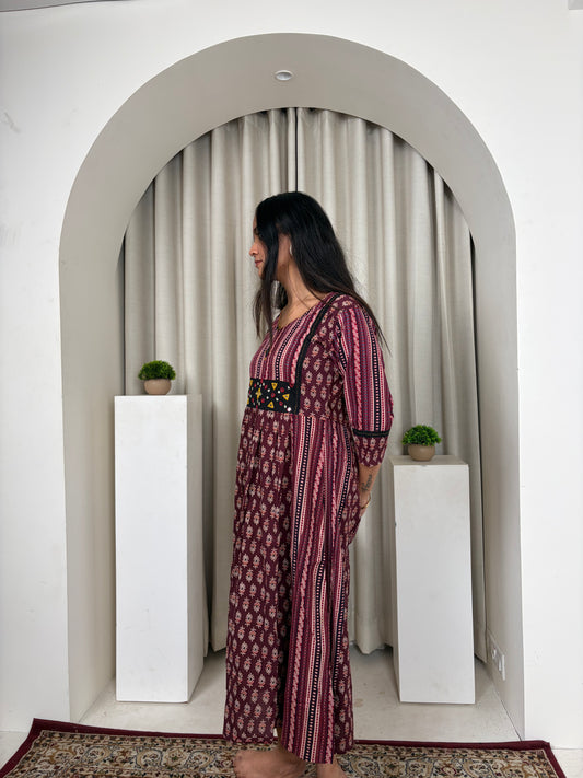 Urban Heritage A-Line Cotton Kurti | Ethnic Printed Embroidered Yoke | Wine