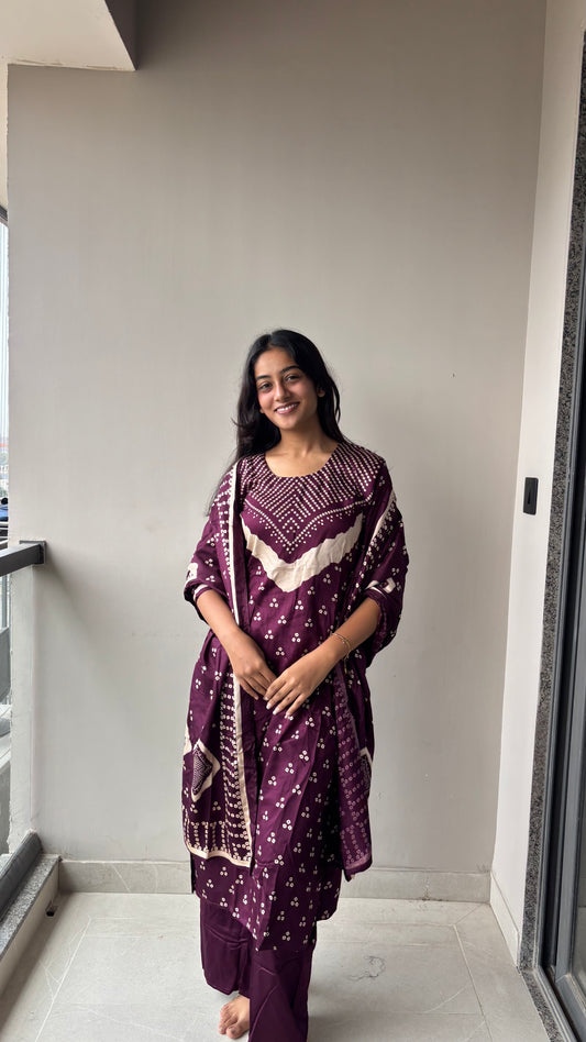Gazi Silk Three-Piece Set | Premium Breathable Bandhani Ethnic Style Co-ord | WINE