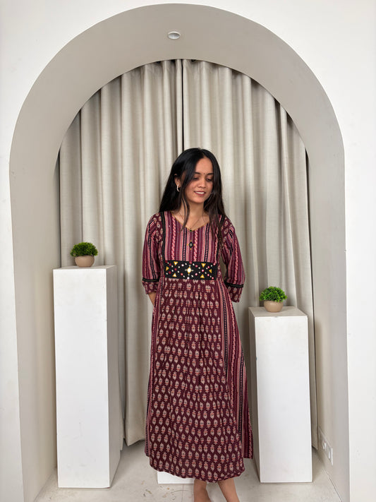 Urban Heritage A-Line Cotton Kurti | Ethnic Printed Embroidered Yoke | Wine