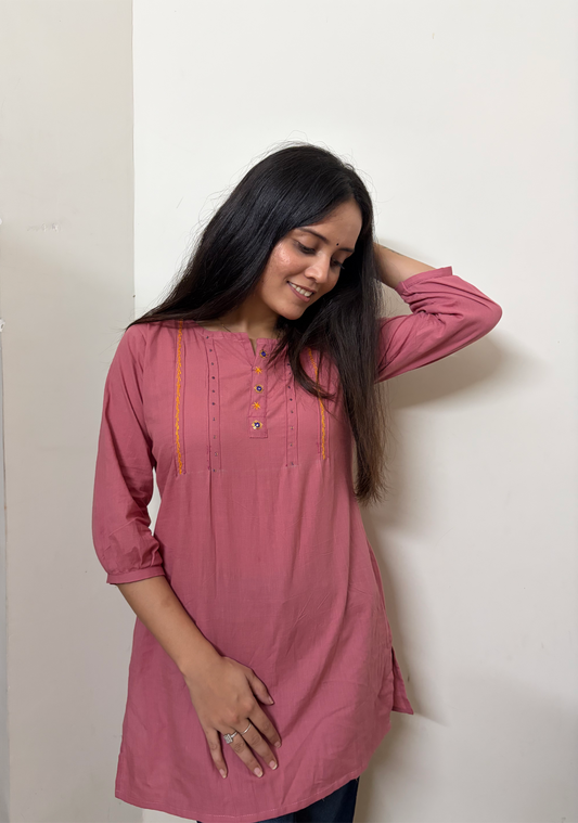 Urban Essential Short Top | Breathable Cotton Everyday Ethnic Embroidred | Gajar Pink